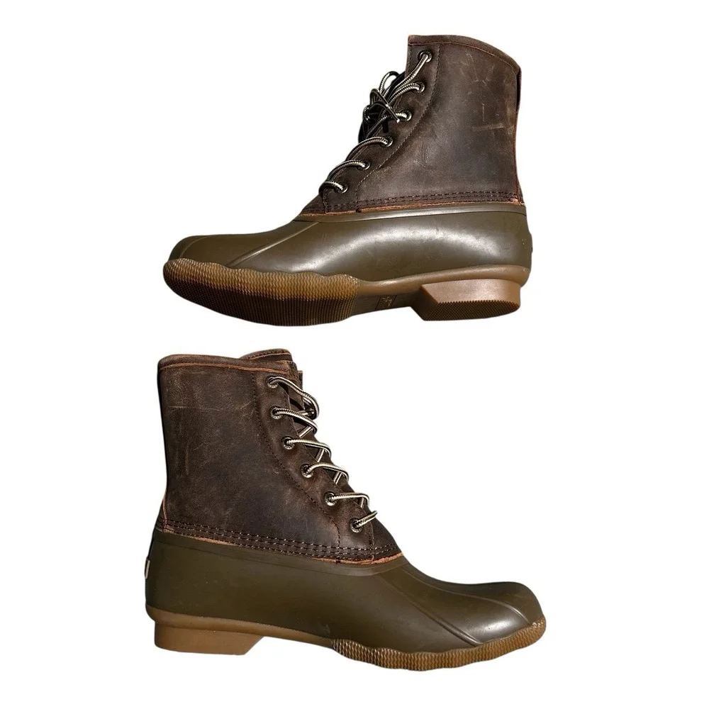 Sperry Duck Boots Mens 9 Brown Leather Rubber Rain Waterproof Lace EUC STS23705